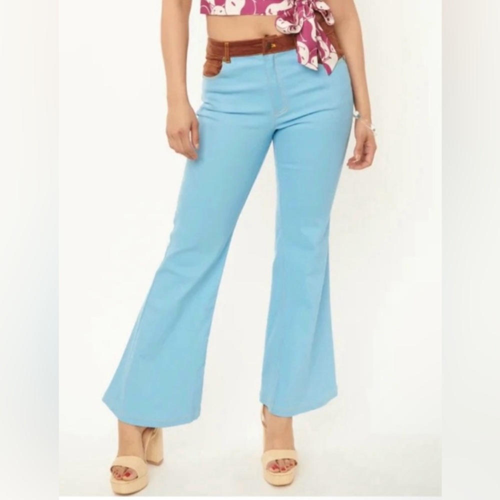 Unique Vintage X Smiley Cotton Blue & Brown Embroidered Flare Pants Large - Picture 1 of 14